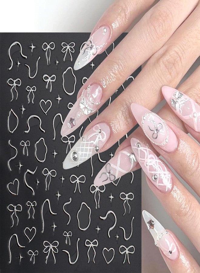 BSBTBZ 4Sheets Gold Silver Bows Nail Art Stickers 3D Cute Red Bows Heart Nail Decals for Acrylic Nails Self-Adhesive Irregular Lines Designs Nail Stickers Love Star Nail Decal for Women DIY Manicure Decor - Image 4